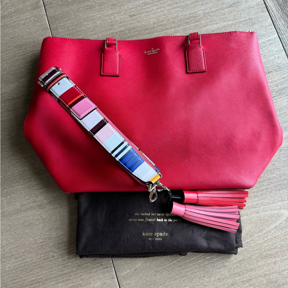 Bright red kate spade tote with removable shoulder strap